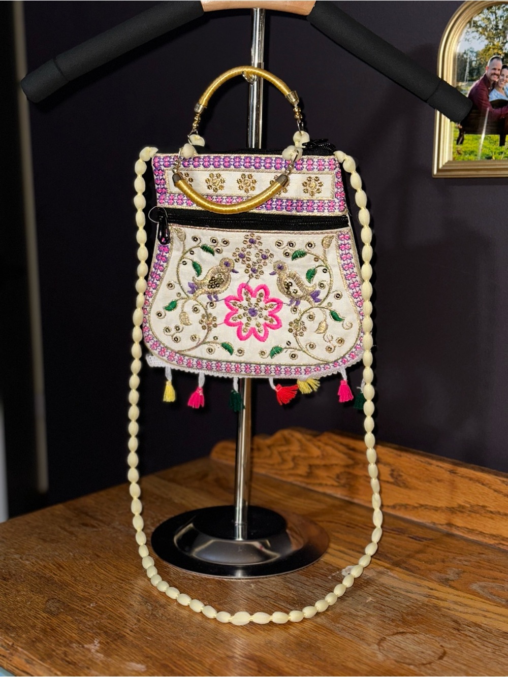 HAND Embroidered Handbag from India. New with embroidery Strap - Cream & Pink